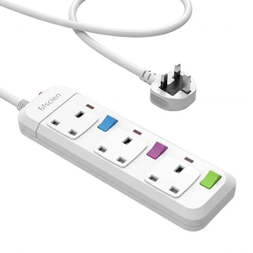 Image of Mscien Extension Lead 1M 3 Way, Fused 3 plug Extension Socket with Individual Switches Mountable Overload Protection Power Strips with 1 Metre Extension cable 2500W