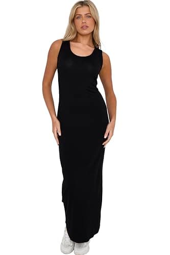 Image of Womans Maxi Dresses Ladies Jersey Long Summer Vest Racer Muscle Back Plain Maxi Dress Black UK 12/14