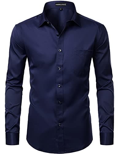 Image of PARKLEES Men's Slim Fit Formal Long Sleeve Casual Business Party Dress Shirts with Chest Pocket Navy L