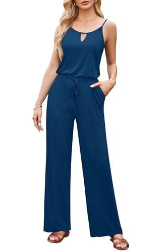 Image of OUGES Women's Summer Jumpsuits UK Sleeveless Overall Long Pants Suit Casual Playsuit With Pockets, L