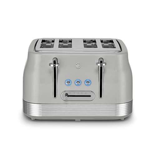 Image of Swan ST19029GRY Retro 4 Slice Toaster with 7 Browning Levels, Removable Crumb Trays, Defrost, Reheat and Cancel Functions, Hidden Cord Storage, Non-Slip Feet, 1860W, Grey and Stainless Steel