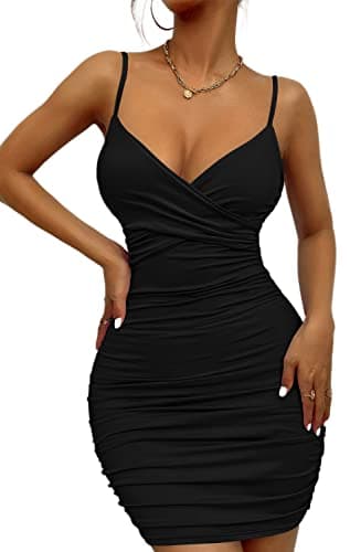 Image of Zesoyne Womens Sexy Mini Bodycon Ruched Tank Dress Spaghetti Strap Vneck Party Short Wrap Cami Clubwear Outfit S Black