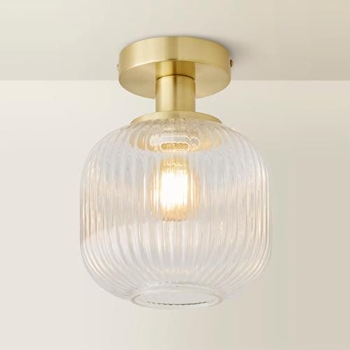 Image of ValueLights | Gold Flush Ceiling Light Fitting with Ribbed Clear Glass Shade | Pendant Lights, Home Décor & Improvement Essential | Mains Wired