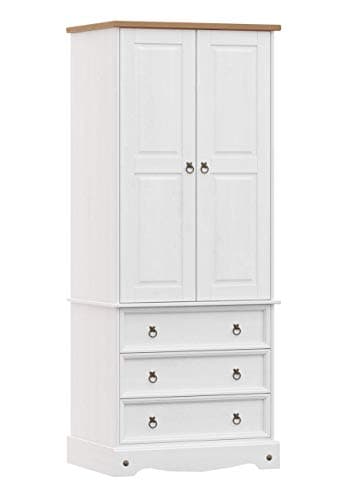 Image of Home Source Solid Pine Wood 2 Door, 3 Drawer Bedroom Wardrobe, White