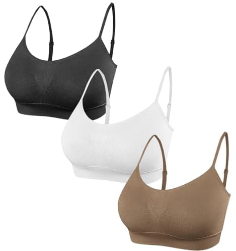 Image of SHEKINI 3 Pcs Women's Sport Bra Seamless Padded Bralettes Yoga Bras Adjustable Leisure Stretch Crop Tops Cami Bras for Women Girl, Black+White+Brown