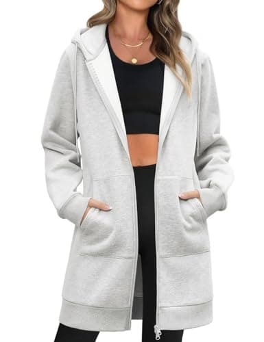 Image of Tuopuda Womens Zip Up Hoodies Fleece Long Sleeve Hooded Sweatshirts Casual Fall Jacket Lightweight Coat Longline Cardigans with Pocket(Light Grey,M)