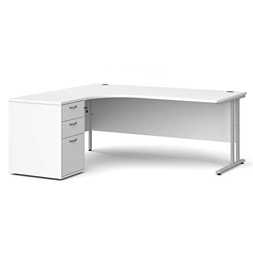 Image of Mr Office Maestro 25 left hand ergonomic desk with silver cantilever frame and desk high pedestal bundle, White, 1800