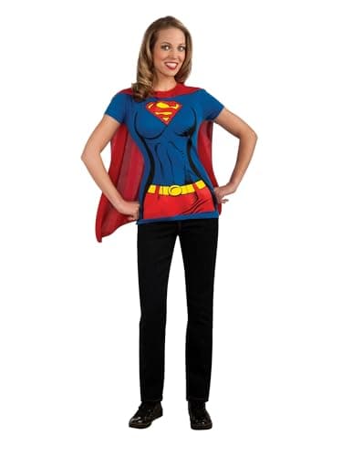 Image of Rubies Official DC Comic Supergirl T-Shirt Set, Ladie's Instant Costume Kit - T-shirt & Attached Cape, Ladies Size Small Halloween