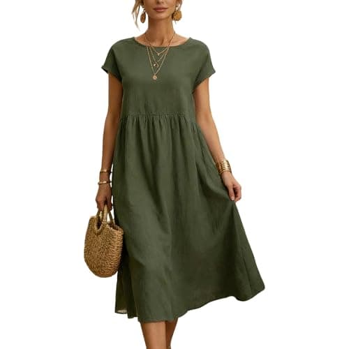 Image of ADUDVLO Women’s Linen Cotton T Shirt Dress Summer Short Sleeve Crew Neck A-line Casual Sundress with Pockets, Loose Fit Linen Dresses for Women UK S-2XL (UK, Alpha, XL, Regular, Regular, Green)