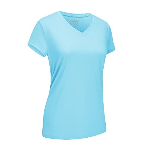 Image of EKLENTSON Women's V-Neck Shirts Short Sleeve UPF 50+ Quick Dry Sport T-Shirts Workout Running Tops Lake Blue,XL