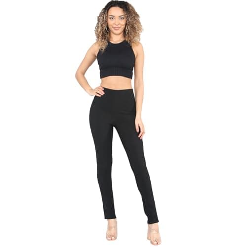 Image of Cotton Works 2 Pack Womens Straight Leg Trousers Finely Soft Ribbed Stretch Pull On Ladies Pants Casual Full Elasticated Waist Bottoms (Black 18/29)