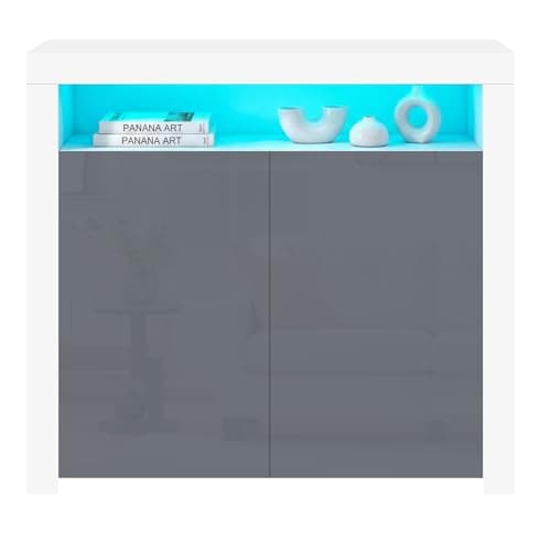 Image of Panana 2 Door Modern LED Sideboard Matt Body and High Gloss Fronts, Cabinet Cupboard Unit with Multicolor LED Light, 107 cm *35 cm *97 cm (Grey)