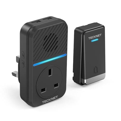 Image of TECKNET 2-in-1 Plug-Through Wireless Doorbell with USB & AC Sockets, Self-Powered Doorbell, Doorbell & Charger in One, Save Your Wall Socket, IP65 Waterproof, 60 Chimes, LED Light Flash, Black