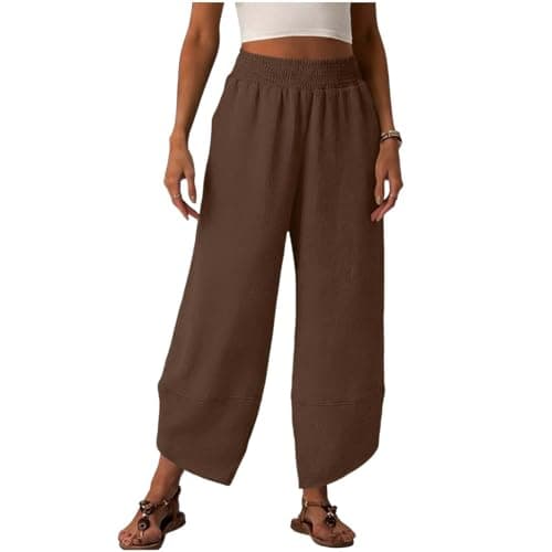 Image of Saxrel Brown Smocked Elastic Waist Summer Trousers for Women UK Split Hem Wide Leg Pants - Casual Activewear Loose Trousers with Pockets for Work Outing Vacation Daily Wear