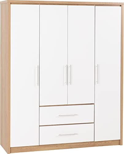 Image of Seconique Seville 4 Door 2 Drawer Wardrobe in White Gloss/Light Oak Effect Veneer