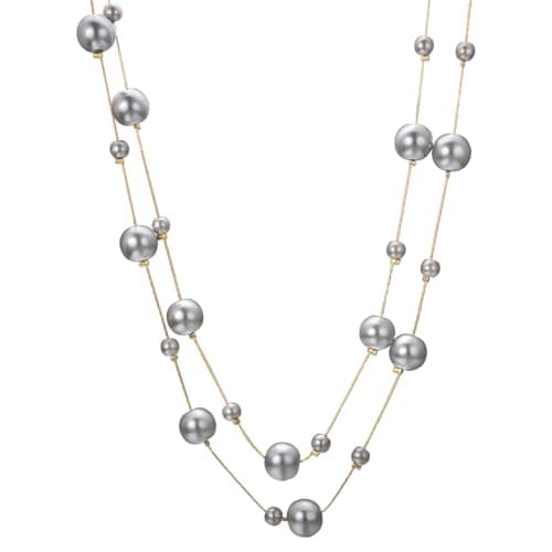 Image of Aleasha Long Pearl Necklace for Women Multi Strand Grey Faux Pearl Double Chain Necklace Handmade Costume Jewelry