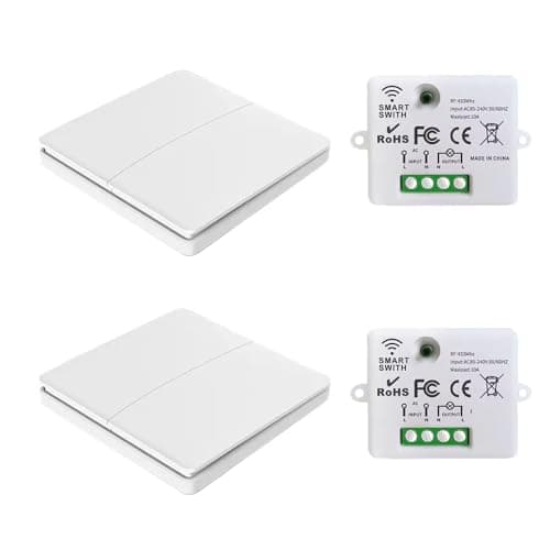Image of fuchswerk Wireless Button Set, 2-Channel / 2-Button Wireless Wall Switch, Light Switch with Receiver, No Batteries Required, 30m Range, White