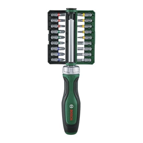 Image of Bosch Bit Ratchet Screwdriver Set 19-Piece (High-Torque Bit Screwdriver; Max Torque 36 Nm; 36-Tooth Gear; Magnetic Bit Holder; Ergonomic Softgrip; 18 Bits S2-Steel; Storage Clip)
