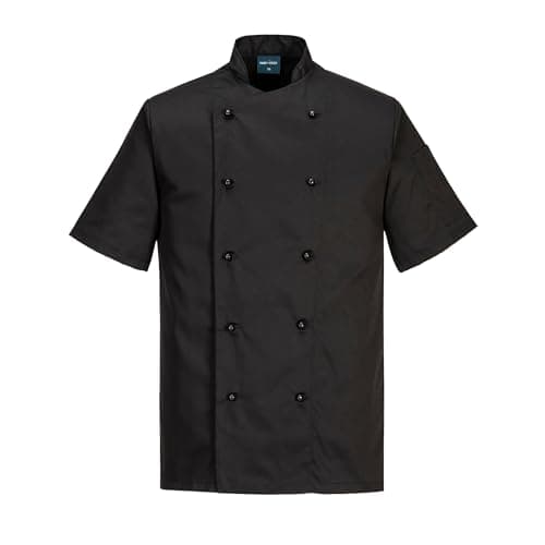 Image of Portwest C734 Short Sleeve Chef Jacket Chefswear Texpel Stain Resistant Kingsmill Polycotton Unisex Chef Whites for Kitchen and Catering Food Service Workwear, Black, XXL