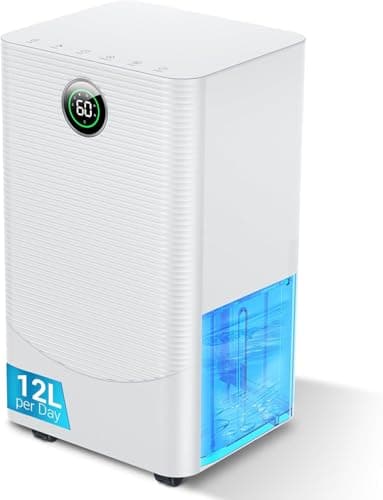 Image of 12L/day Dehumidifier with Humidity Sensor & Display and 24-Hour Timer, 3 Dehumidification Modes, Suitable Bedrooms, Office, Basements, Continuous Draining, White - Upgraded