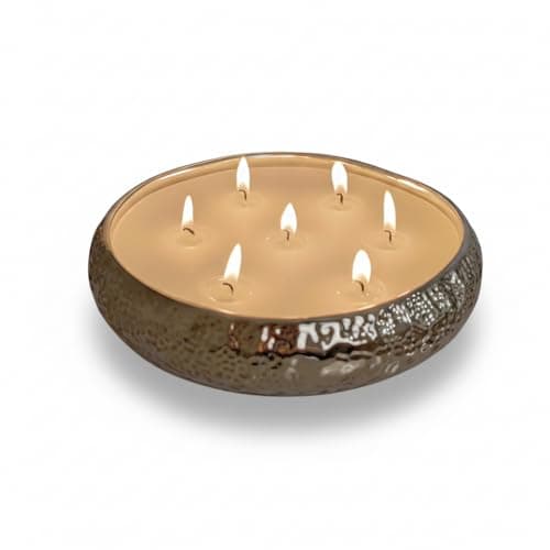 Image of Aeolian 7 Wick Vanilla Scented Candle in Hammered Champagne Bowl (20cm) - Luxurious Soy Wax Table Centrepiece, Perfect Home Decoration Gift, Elegant Interiors by Rowen Homes (Bronze)