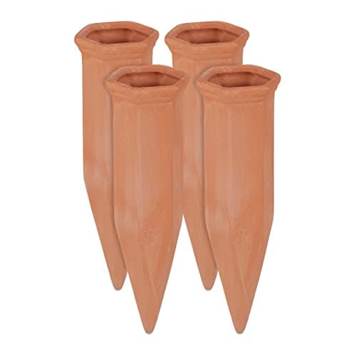 Image of Relaxdays Clay Watering Cones, Set of 4, Plant Irrigation Kit, 1.5L Bottles, 17 x 5.5 x 5 cm, Terracotta
