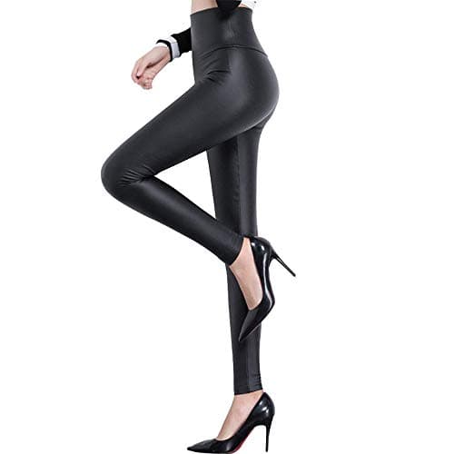 Image of FITTOO Women High Waisted Faux PU Leather Leggings Stretchy Slim Fit Trousers Matte , Black Matte Black, L