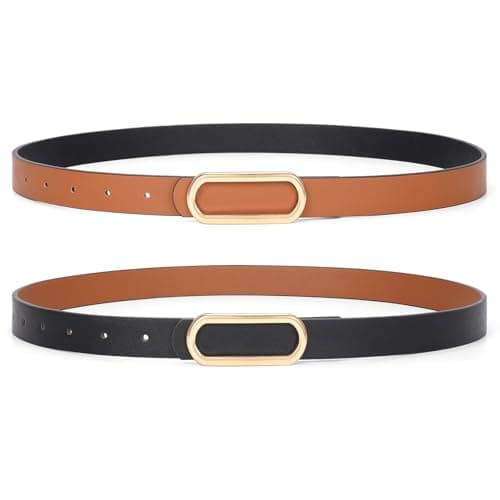 Image of JASGOOD Skinny Reversible Belts for Women Thin Leather Belt for Dresses Jeans Pants with Gold Silver Buckle,1Pack,Black/Brown L