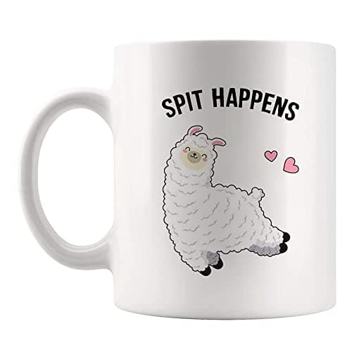 Image of Fonhark White 11 Oz Novelty Llama Coffee Mug, Spit Happens, Handmade Ceramic, Bone China, Printed Both Sides, Microwave Safe, Christmas, Adult, 11 Ounces