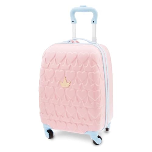 Image of Disney Store Official Pink Princesses Suitcase, 46x30x20cm, Luggage for Kids, with Telescopic Handle and Multi-Directional Wheels, Features Heart and Crown Pattern