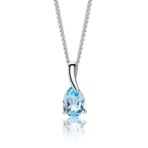 Image of MIORE Pendant Necklaces for Women, Pendant 9ct 375 White Gold with Pear Shape Blue Topaz Gemstone Charm Necklace 45cm Gold Pated Silver Chain, Hypoallergenic Women's Jewellery with Jewellery Box
