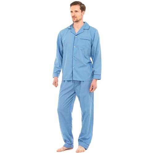 Image of Mens Traditional Pyjamas 2 Piece Set Classic Style Plain Poly Cotton Pjs Nightwear Lounge Wear Sleepwear Suits Button Up Long Sleeve Shirt Tops Pants Trousers Bottoms(Blue, M)