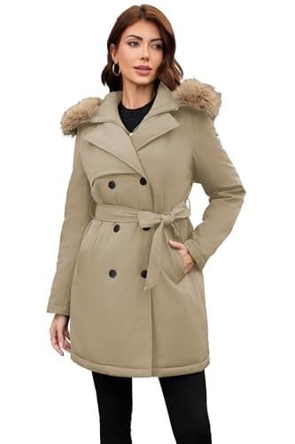 Image of PAPILLON D'OR Women's Trench Coat Jacket - Mid-Length Belted Design with Detachable Faux Fur Collar, Adjustable Hood & Double-Breasted Closure (Khaki, M)
