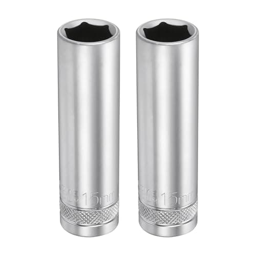 Image of sourcing map 2pcs 6 Points Deep Socket 1/2" Drive 15mm Deep Metric CR-V Steel Polished Nickel Plating 78mm / 3.1" Long Hex Socket Tool for Home Auto Nuts Bolts Repair