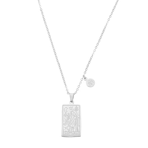 Image of sourcing map Tarot Zodiac Sign Necklace, Titanium Steel Tarot Card Sagittarius Necklaces for Women Men, Silver
