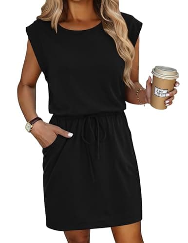 Image of HOTOUCH Women's Summer Dresses Casual Sleeveless Dress Drawstring Waist Sundress with Pockets Black XXL