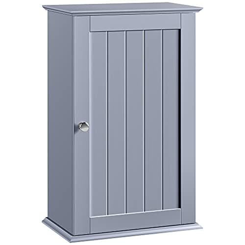 Image of Yaheetech Wall Cabinet Single Door Adjustable 3 Tiers Storage Cupboard for Bathroom Kitchen Living Room Hallway 35x21x55 cm Grey