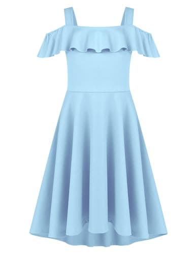 Image of Arshiner Dresses Girls Blue Partydress Summer Off Shoulder Ruffles Children's Dress Teenager Promdress Elegant Wedding Occassiondress with Pocket 130/8-9 Years