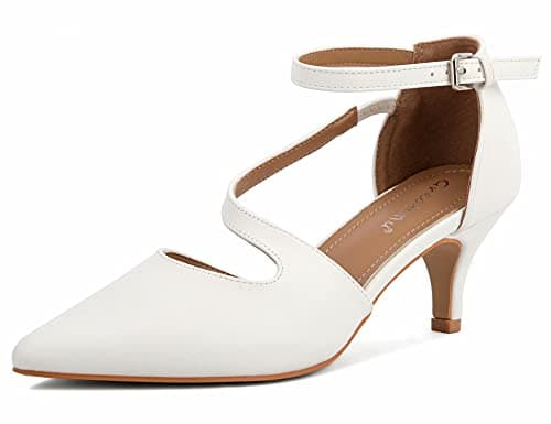 Image of Greatonu Womens Court Shoes D'Orsay Ankle Strap Low Kitten Heel Dress Pumps Wedding Bridal White UK 5