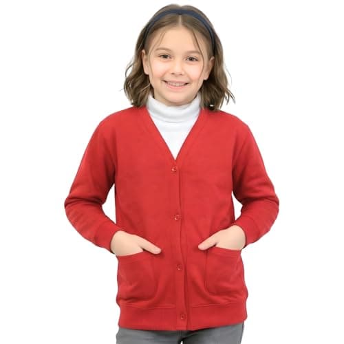 Image of GW CLASSY OUTFIT Girls Boys Kids Jumper Button Fleece Cardigans Long Sleeve Sweatshirts Pull Over Jumpers Round/V- Neck School Uniform (7-8 Years, Button Red)