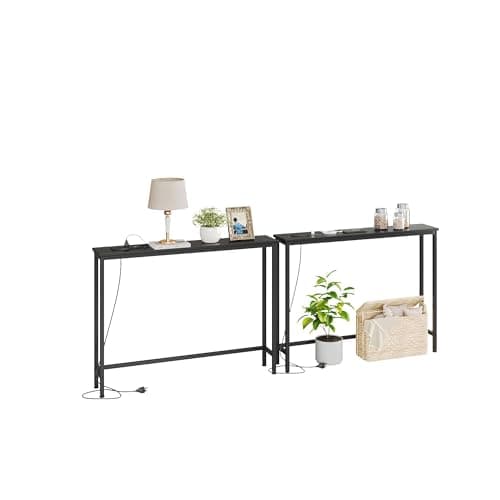 Image of VERMESS 200 * 80 * 15cm Console Table with Charging Station, Height-Adjustable Slim Behind Sofa Table, Long Behind Couch Table with USB Ports, for Hallway, Living Room and Office, Black