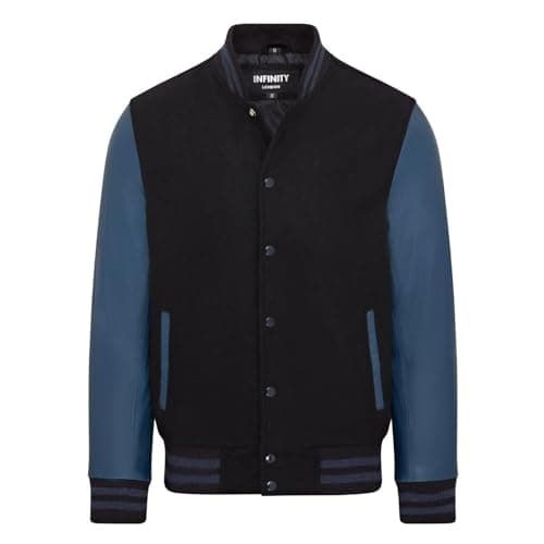 Image of Letterman Baseball Black Wool blue Leather Varsity Bomber Jacket