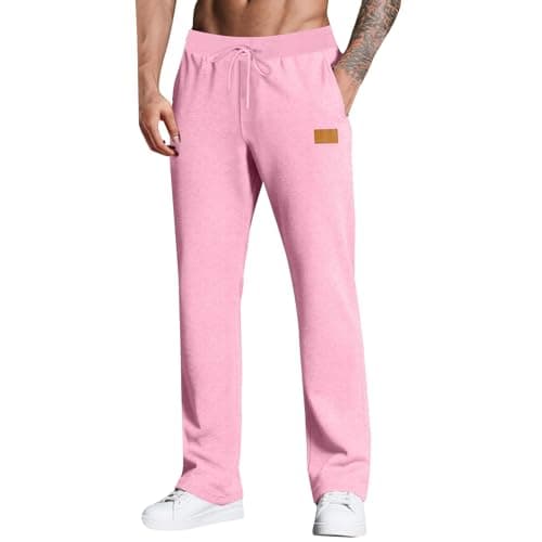 Image of Joggers for Men UK Open Hem Jog Pants Plain Jogging Bottoms Tracksuit Bottom Joggers with Pockets Running Pants Elasticated Waisted Sweatpants Gym Sports Trousers Lounge & Workout Pink