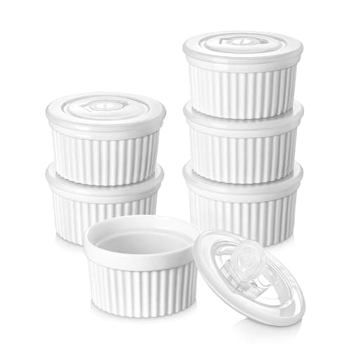 Image of vancasso 6 oz Ramekins with Lids, Souffle Dishes Set of 6, 9.5cm White Porcelain Creme Brulee Ramekins, Baking Cups for Pudding, Fruits, Dips, Dishwasher and Oven Safe
