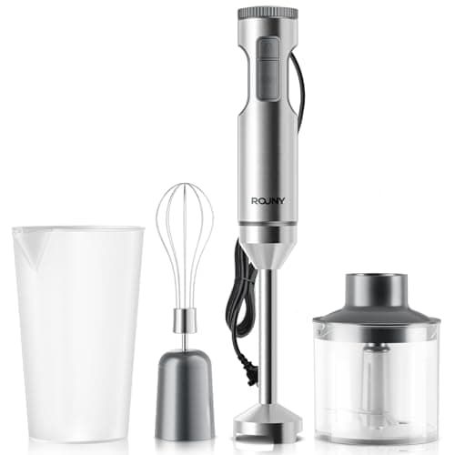 Image of ROUNY 1200W 4-in-1 Immersion Hand Blender with 700ml Beaker, Egg Whisk & Food Chopper - Powerful Electric Stick Blender for Pureeing, Chopping, Whipping Soups, Baby Food, Sauces