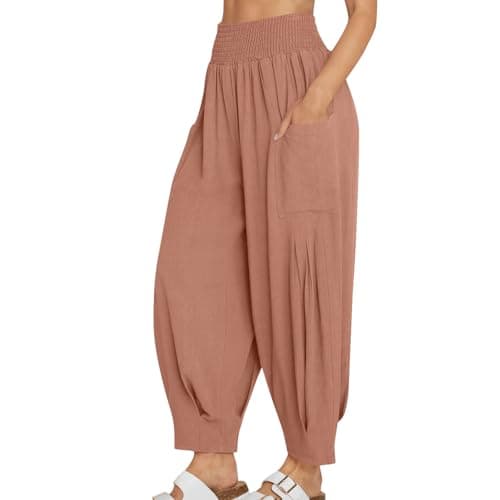 Image of NSICBMNO Coffee Linen Trousers Womens Casual Summer Trousers Cotton Harem Pants High Waisted Wide Leg Yoga Pants Baggy Leggings Loose Sweatpants Pyjamas Bottoms for Holiday Beach Lounge Office Work