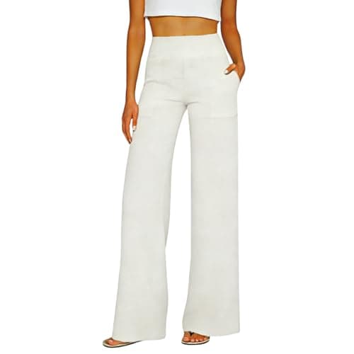 Image of Linen Trousers Womens Wide Leg Palazzo Trousers with Pockets 2026 Fashion Womens Clothes Cotton Casual Elastic Waist Work Lounge Beach Pants Baggy Straight Leg Linen Pants Ladies Culottes White