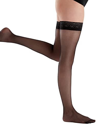 Image of Pretty Polly Women's Nylons - 10d Gloss Lace Top Hold Ups Tights, Black, S-M UK