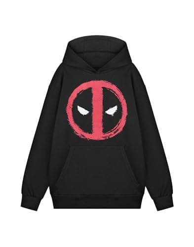 Image of Marvel Mens Black Hoodie | Official Comics Character Logo Hooded Sweatshirt | Superhero Graphic Pullover for Men | Avengers Fan Apparel Gift