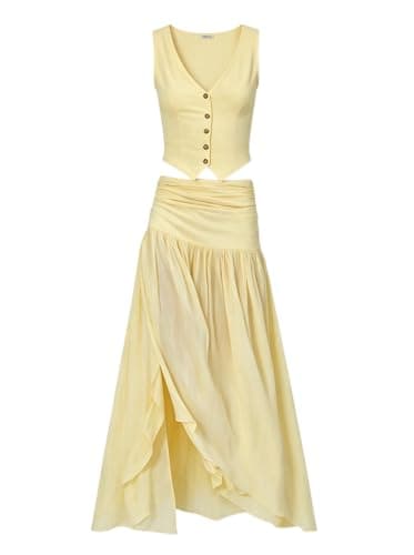 Image of Molliliya Two Piece Yellow Crop Vest with V-Neck and Buttons Flowing Maxi Skirt Women's Set, light yellow, L